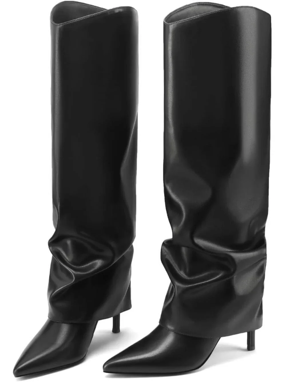 Women's Black Stiletto High Heels Pointed Toe Fold Over Knee High Boots